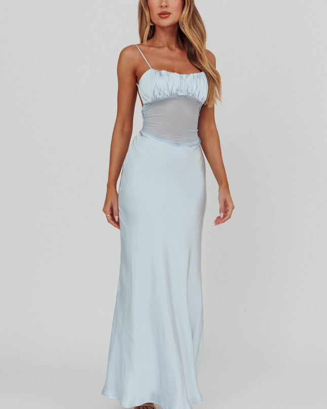 Blue Sheer Waist Back Twist Maxi Dress