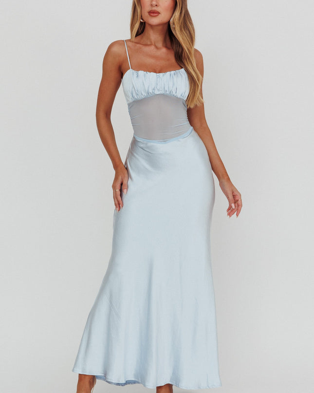 Blue Sheer Waist Back Twist Maxi Dress