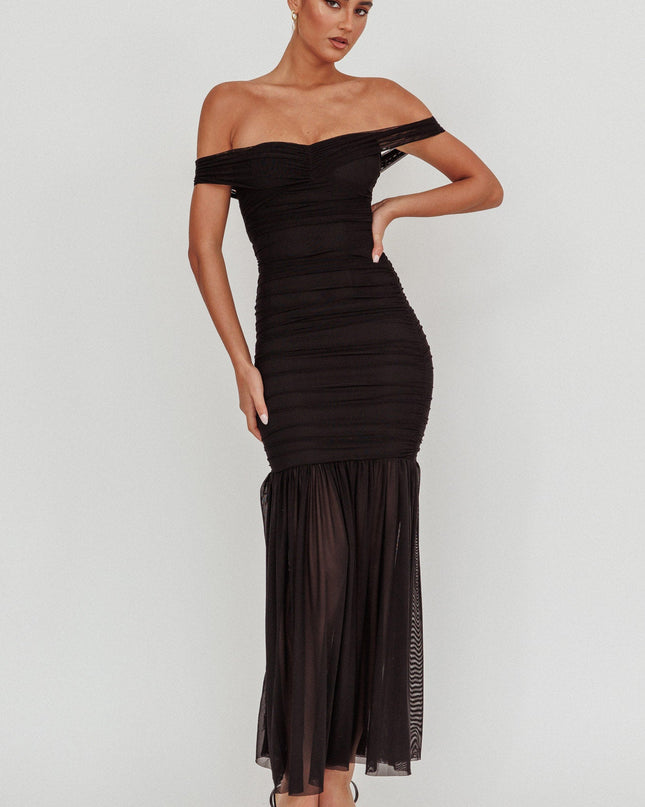 Black Off Shoulder Mesh Maxi Dress