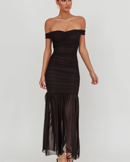 Black Off Shoulder Mesh Maxi Dress