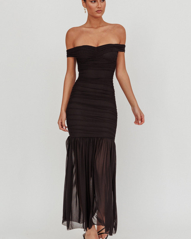 Black Off Shoulder Mesh Maxi Dress