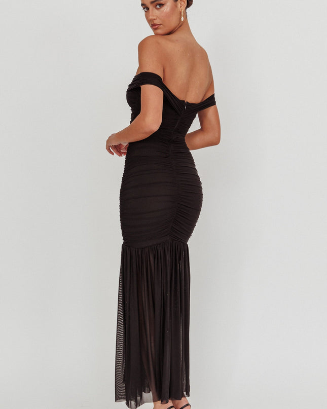 Black Off Shoulder Mesh Maxi Dress