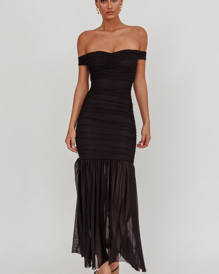 Black Off Shoulder Mesh Maxi Dress