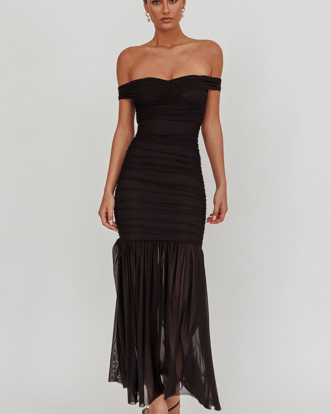 Black Off Shoulder Mesh Maxi Dress