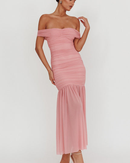 Pink Off Shoulder Mesh Maxi Dress