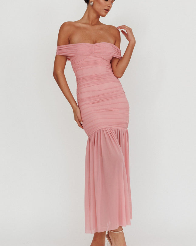 Pink Off Shoulder Mesh Maxi Dress