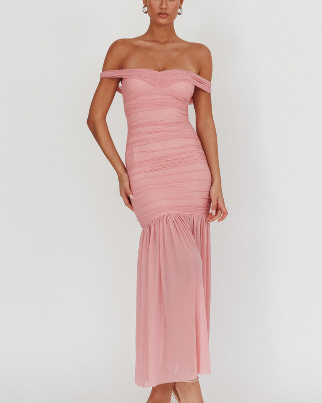 Pink Off Shoulder Mesh Maxi Dress