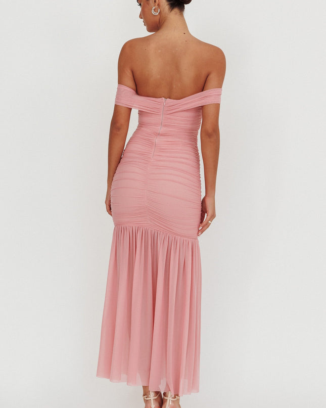 Pink Off Shoulder Mesh Maxi Dress