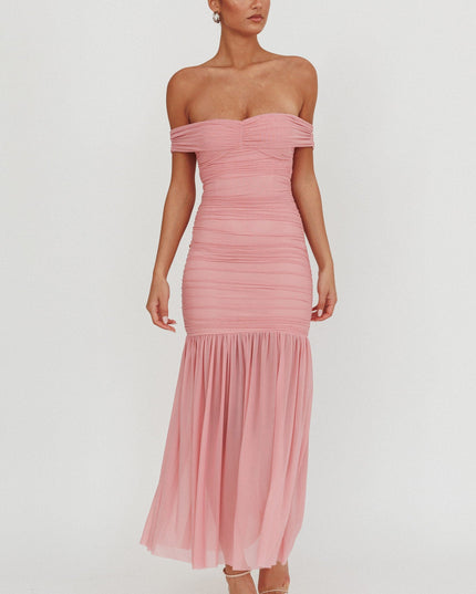 Pink Off Shoulder Mesh Maxi Dress