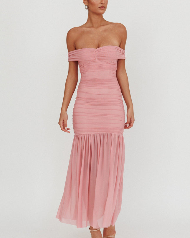 Pink Off Shoulder Mesh Maxi Dress