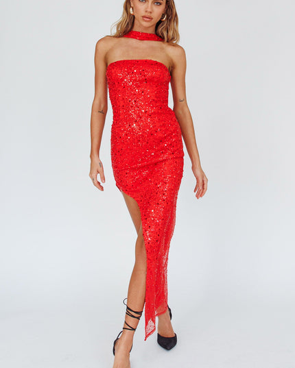 Red Neck Strap Sequin Midi Dress