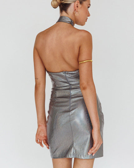 Charcoal Gram Faux Leather Halter Dress