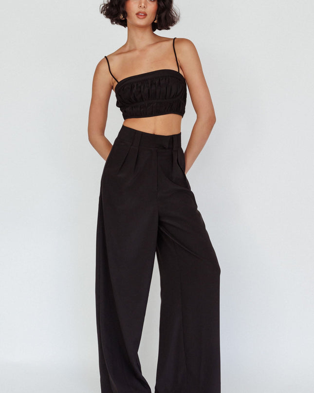 Black Wide-Leg Mid Rise Pants