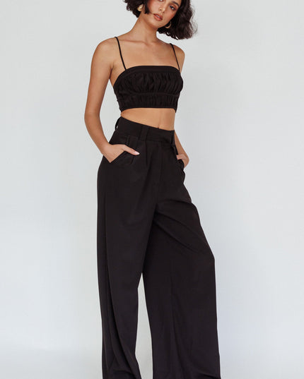 Black Wide-Leg Mid Rise Pants