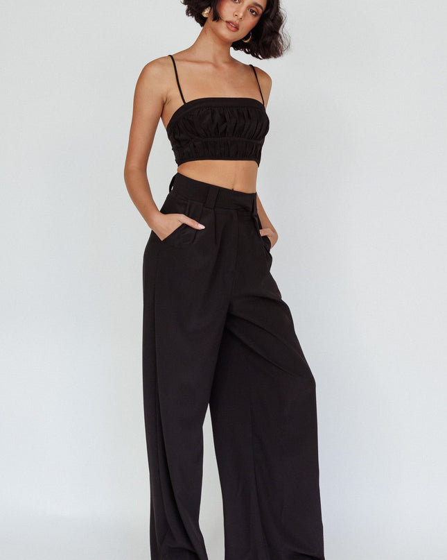 Black Wide-Leg Mid Rise Pants