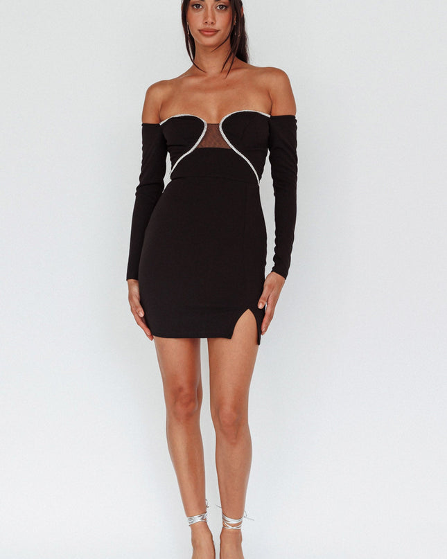 Black Diamante Trim Long Sleeve Mini Dress