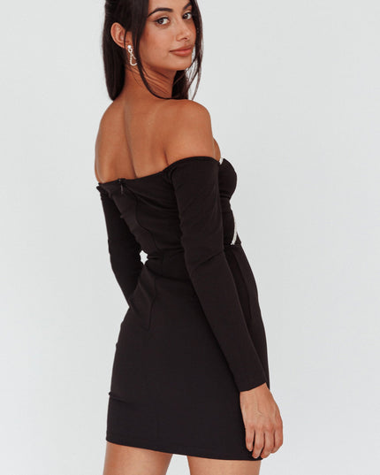 Black Diamante Trim Long Sleeve Mini Dress