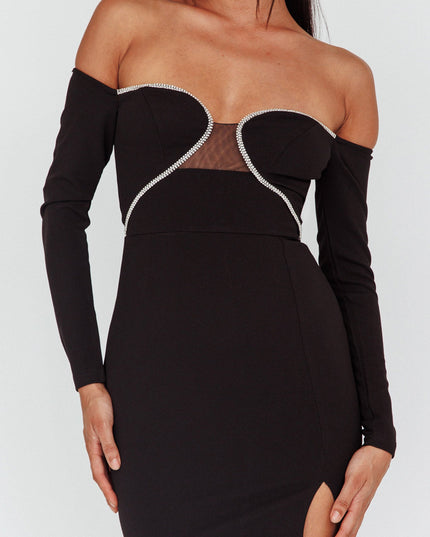 Black Diamante Trim Long Sleeve Mini Dress