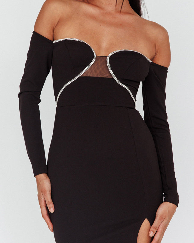 Black Diamante Trim Long Sleeve Mini Dress