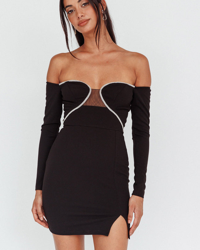 Black Diamante Trim Long Sleeve Mini Dress