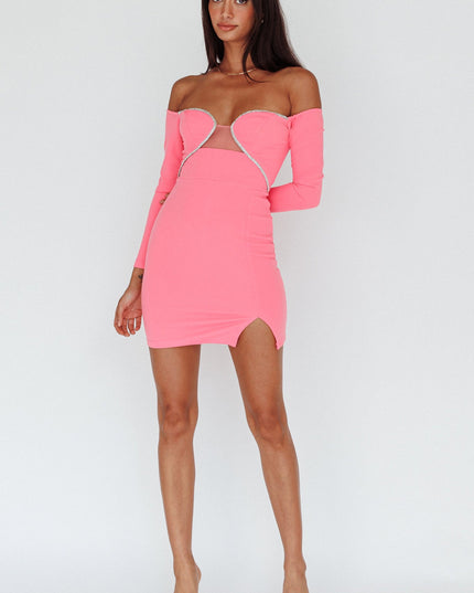 Hot Pink Diamante Trim Long Sleeve Mini Dress