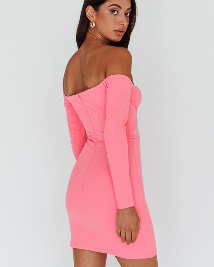 Hot Pink Diamante Trim Long Sleeve Mini Dress