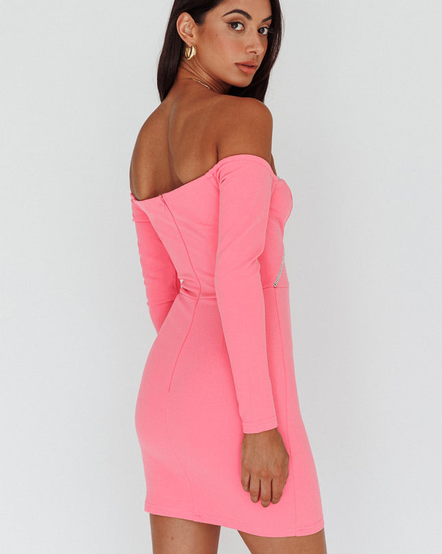 Hot Pink Diamante Trim Long Sleeve Mini Dress