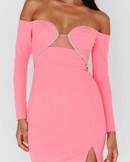 Hot Pink Diamante Trim Long Sleeve Mini Dress