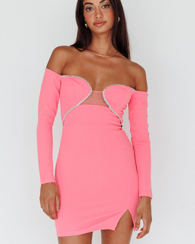 Hot Pink Diamante Trim Long Sleeve Mini Dress