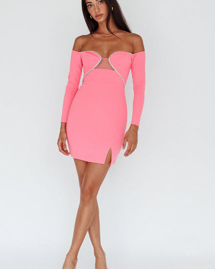 Hot Pink Diamante Trim Long Sleeve Mini Dress