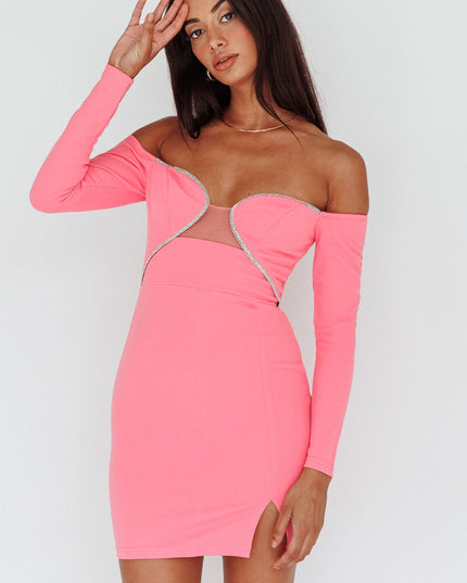 Hot Pink Diamante Trim Long Sleeve Mini Dress