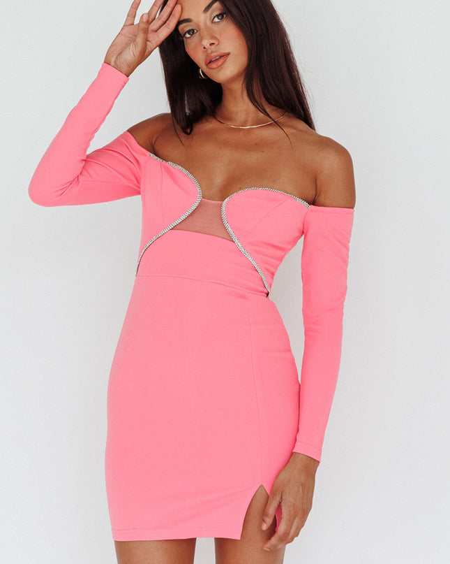 Hot Pink Diamante Trim Long Sleeve Mini Dress