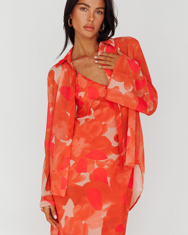 Orange Flared Cuff Long Sleeve Shirt Floral