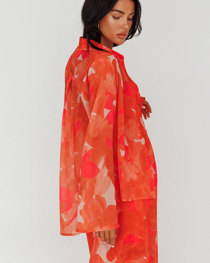 Orange Flared Cuff Long Sleeve Shirt Floral
