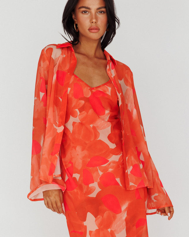 Orange Flared Cuff Long Sleeve Shirt Floral