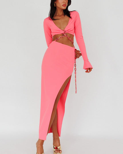 Pink Long Sleeve Chain Midi Dress