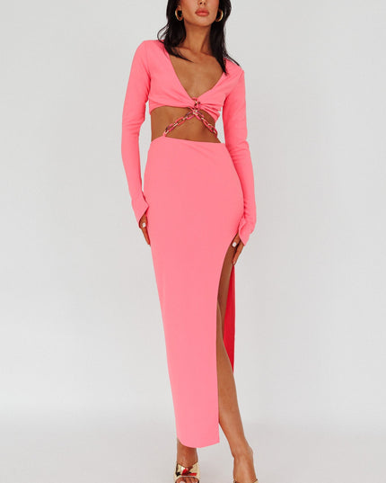 Pink Long Sleeve Chain Midi Dress