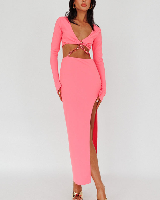 Pink Long Sleeve Chain Midi Dress