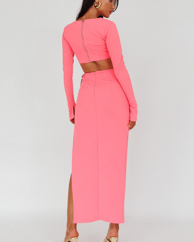 Pink Long Sleeve Chain Midi Dress