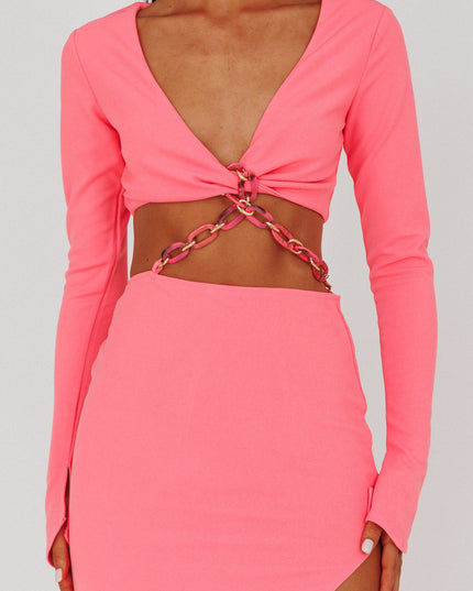 Pink Long Sleeve Chain Midi Dress