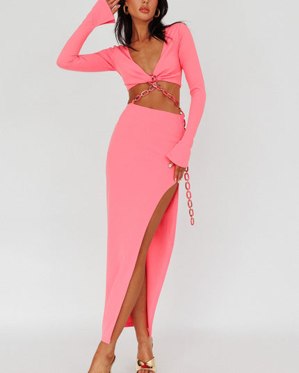 Pink Long Sleeve Chain Midi Dress
