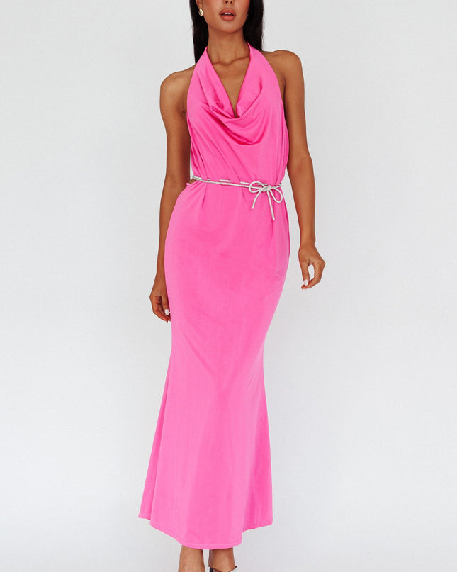 Magenta Cowl Neck Diamante Rope Dress