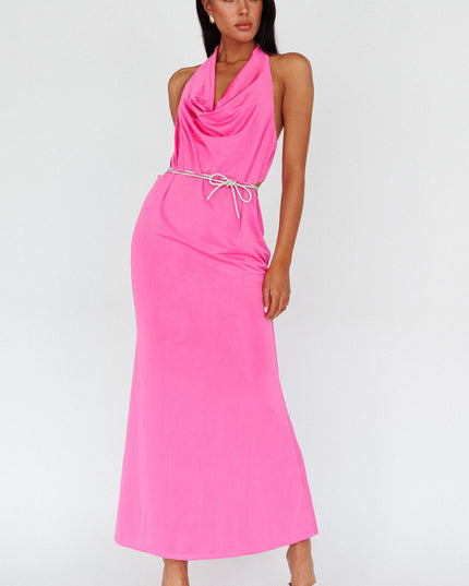 Magenta Cowl Neck Diamante Rope Dress