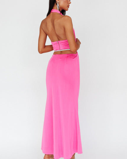 Magenta Cowl Neck Diamante Rope Dress