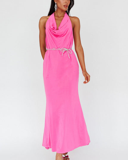 Magenta Cowl Neck Diamante Rope Dress