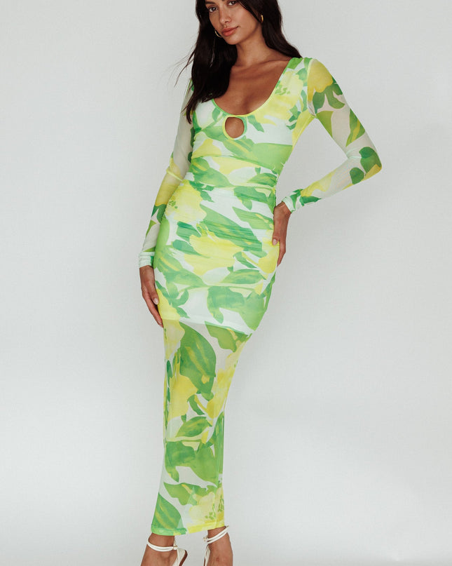 Green Long Sleeve Mesh Midi Dress Floral