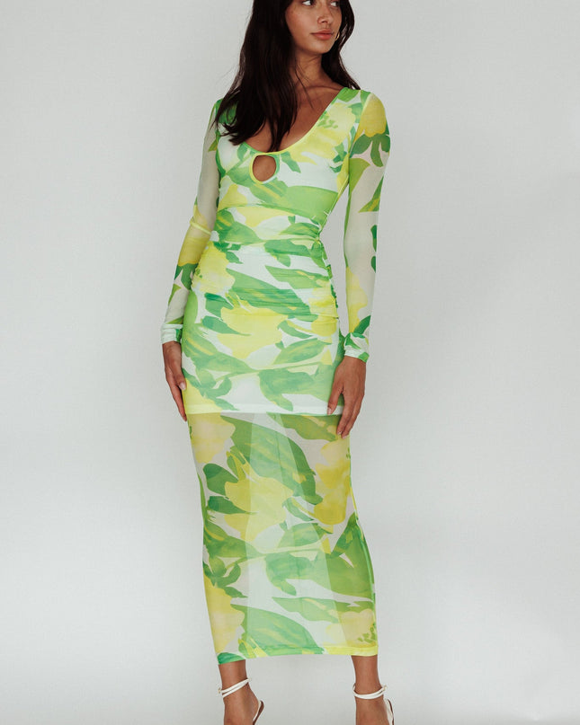 Green Long Sleeve Mesh Midi Dress Floral