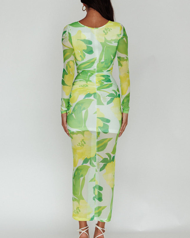 Green Long Sleeve Mesh Midi Dress Floral