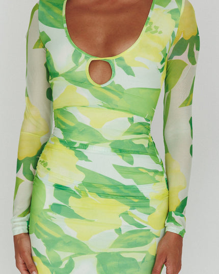 Green Long Sleeve Mesh Midi Dress Floral