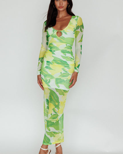 Green Long Sleeve Mesh Midi Dress Floral